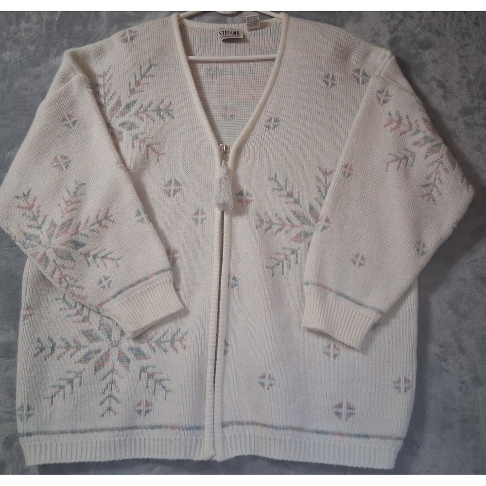 Vtg Stefano International Snowflake Cardigan Knit Sweater Pastel Pink Blue 22/24